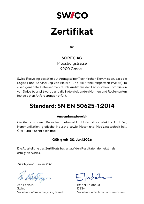 CENELEC_Zertifikat_SOREC_AG_de.pdf Zertifikat der SWICO Recycling Garantie mit Angaben zur Mitgliedschaft und Pflichterfüllung, ausgestellt auf die SoRec Recycling GmbH