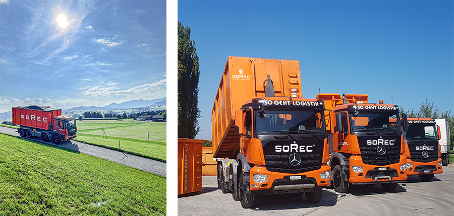 2 Fotos von Muldenschleppern, Container-LKWs